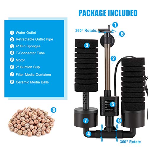 AQQA Aquarium Sponge Water Filter, Power Driven Double Biochemical