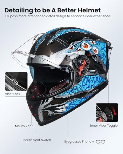 ILM Full Face Motorcycle Helmet for Men and Women – Motorcycle Helmet with 2 Visors Compatible with Pinlock Transparent and Coloured – Motocross Street Bike Helmet ECE Model Z501, Manta Blue, S