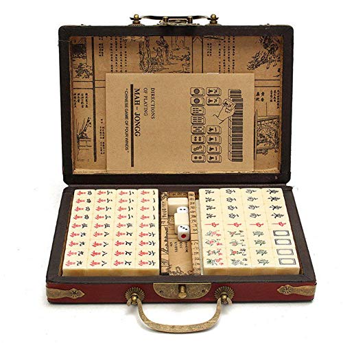 Bestmemories 144 PCS Travel Mahjong Portable Mah-jongg with Archaistic Leather Box and Manual in English for Home Party Gaming (Random Pattern of Box Delivery)