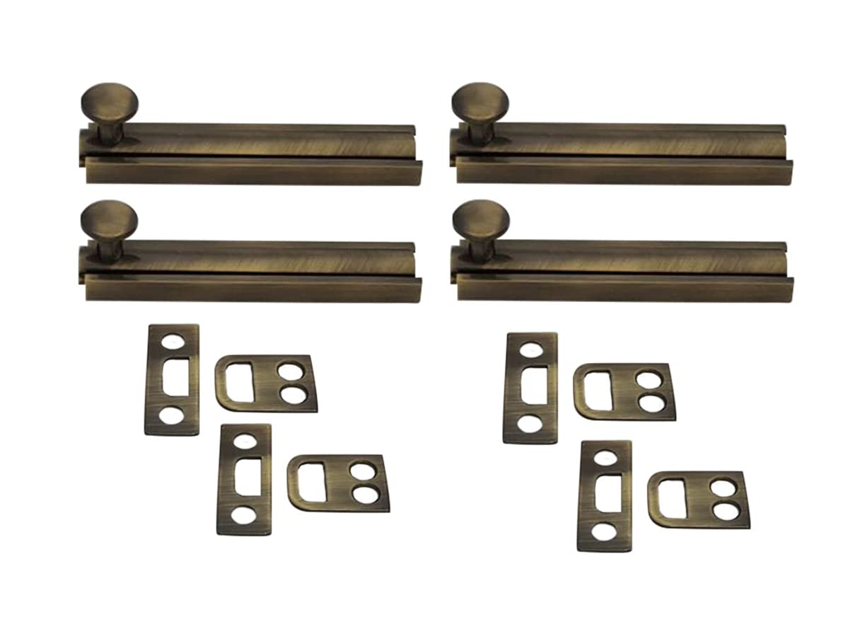 QCAA Solid Brass Surface Bolt, 2", Antique Brass Brushed, Made in Taiwan, 4 Pack