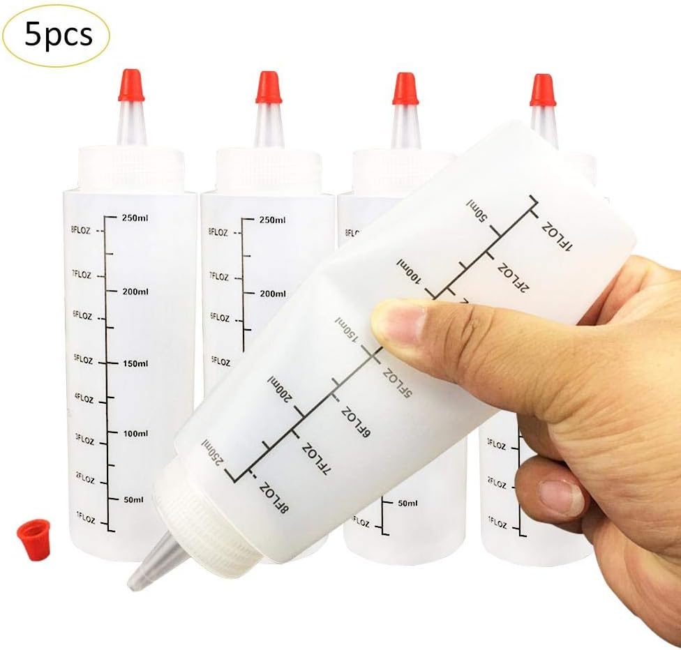 Fiaoen 5PCS 250ML Plastic Needle-nosed Bottle, With scale Squeeze Bottle With Leak-Proof Cap Sauce Bottle Salad Bottle Squeezable Bottle greater