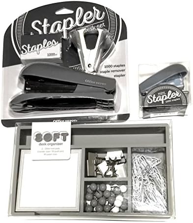 Soft Desk Organizer Set Bundle with Office Depot Brand Half Strip Stapler, Staple Remover, Miniature Stapler, and Staples (Grey)