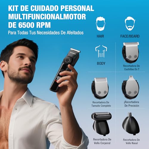 SUPRENT Men's Beard Trimmer – 5 in 1 Electric Shaver with 4 Accessories, IPX7 Waterproof Beard Trimmer, 90 Min Battery Life and LED Display