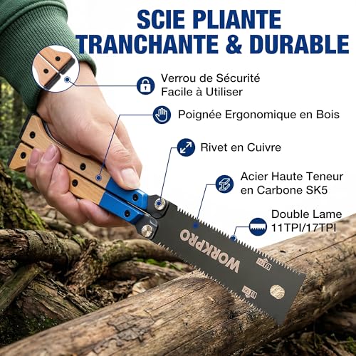 WORKPRO Japanese Folding Saw 310mm, Double Sided Pulling Saw 11/17 TPI | SK5 Flexible Steel Blade, Beech Wood Non-Slip Handle, Precise Wood Saw for Carpentry, Gardening and Camping