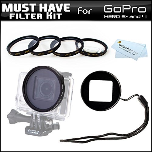Must Have Close-Up Macro Filter Kit For Gopro Hero3+, HERO4, (Works with Hero 3 ONlY with NEW STANDARD HOUSING AHSRH-401) Includes 4pc Close-Up Macro Filters (+1 +2 +4 +10) + Gopro Lens Adapter + More