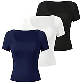 SOLY HUX Women's 3 Piece Square Neck T Shirts Summer Short Sleeve Fitted Dressy Casual Tops