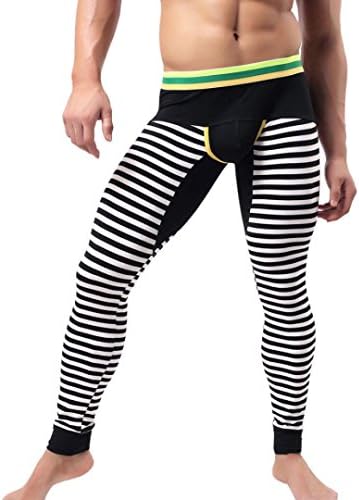 Wqueen Briefs for Men, Mens Striped Breathe Patchwork Low Rise Leggings Long Johns Thermal Pant (Black, M)