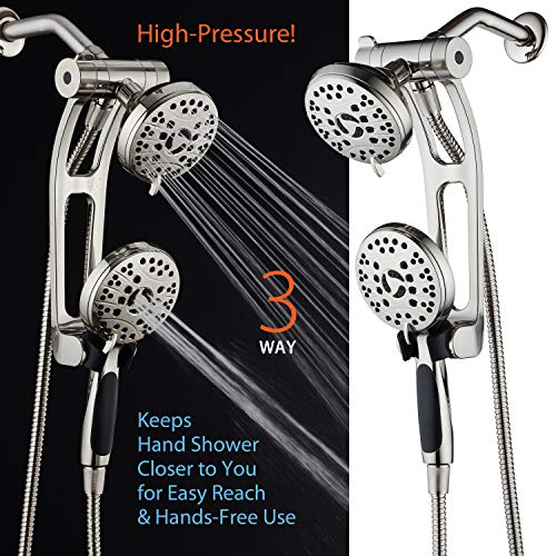 AquaSpa High Pressure 48-mode Luxury 3-way Combo with Adjustable Extension Arm - Dual Rain & Handheld Shower Head - Extra Long 6 Foot Stainless Steel Hose - All Brushed Nickel Finish - Top US Brand