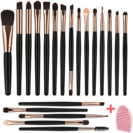 MAGEFY 20 PCs Makeup Blending Brush Tool Set,for Foundation Blending Blush Concealer Eye Shadow,Soft Fiber Bristles Premium Plastic Handles(Black Golden) with Makeup Brush Scrubbing Mat