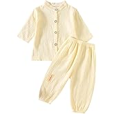 Baby Boys Girls 2Pcs Linen Clothes Set Button-down Long Tops+Elastic Cotton Gauze Long Pants