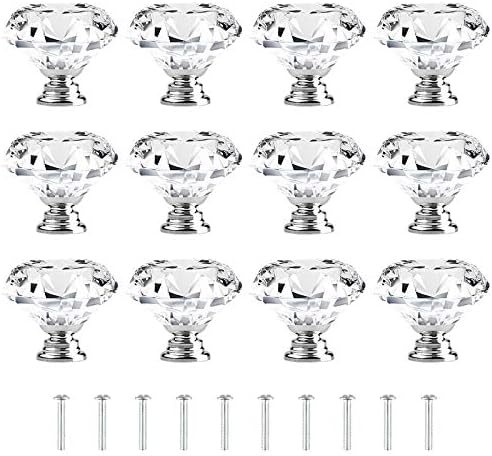 [12 PCS] 40mm Crystal Clear Glass Cupboard Drawer Pulls, Attom Tech Dwelling Diamond Form Cabinet Knobs with Screws for Kitchen, Dresser, Cabinet, Toilet, Wardrobe (1.6 inch / 40mm)