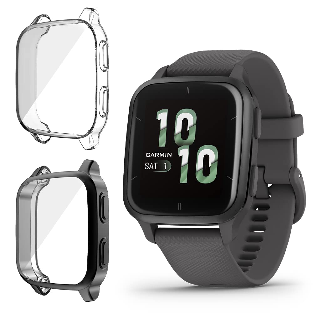 Niboow Case [2 Pack] for Garmin Venu Sq 2, with Screen Protector, Flexible TPU Shockproof Scratch Proof Cover Case for Garmin Venu Sq 2 - Black + Transparent