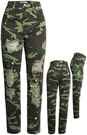 Becozee Women Camouflage Ripped Jeans Embroidered Ladies Straight Leg Pants Juniors Casual Loose Fit Trousers (Medium, Green-Camouflage)