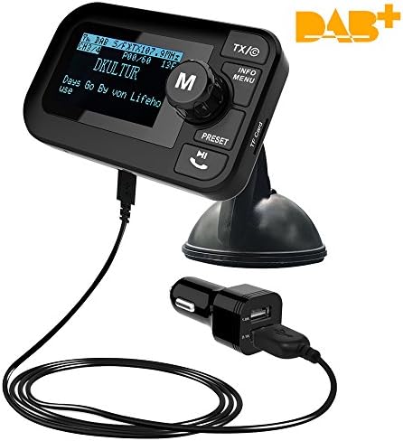 DAB/DAB+ Digital Radio Bluetooth FM Transmitter with Handsfree Call, Crystal Digital Sound, 2.3" Big LCD Screen, SD/TF Card Play, 5V 2.1A/1.0A Dual USB Charger, 3.5 AUX Port, 3M Antenna