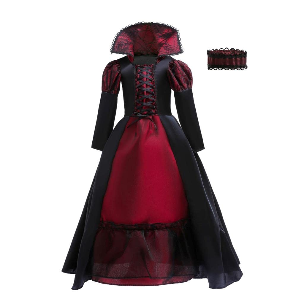Lito Angels Noble Gothic Vampire Queen Fancy Dress Up Halloween Costume with Choker for Kids Girls Age 7-8 Years, Black and Burgundy