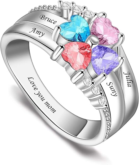 Personalized Multi-Stone Family Birthstone Ring - 925 Sterling Silver or 10K/14K/18K Gold, Engraved Names, 2-8 Heart Gems for Mom Wife Gift