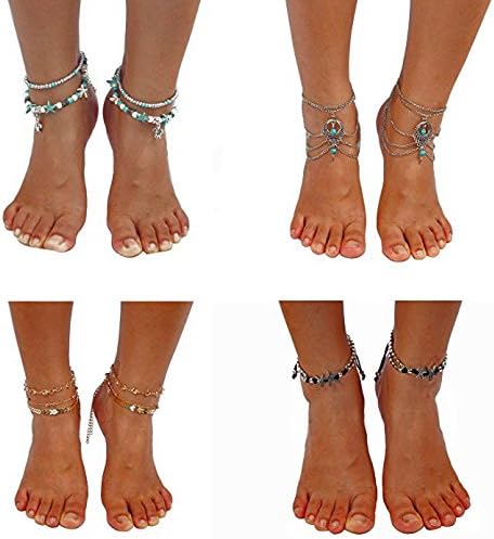 MarJunSep 4 Pairs Starfish Ankle Bracelet Barefoot Sandals Beach Vintage Boho Antique Beaded Anklets Foot Jewelry (A PACK)