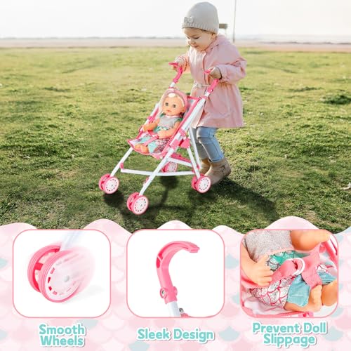 deAO 5-in-1 Folding and Portable Doll Accessory Kit with Doll 31 cm | Nursery Doll Accessories with Stroller, Cot Doll, Travel Bag and Baby Feeding Bottle, Role Play Gifts