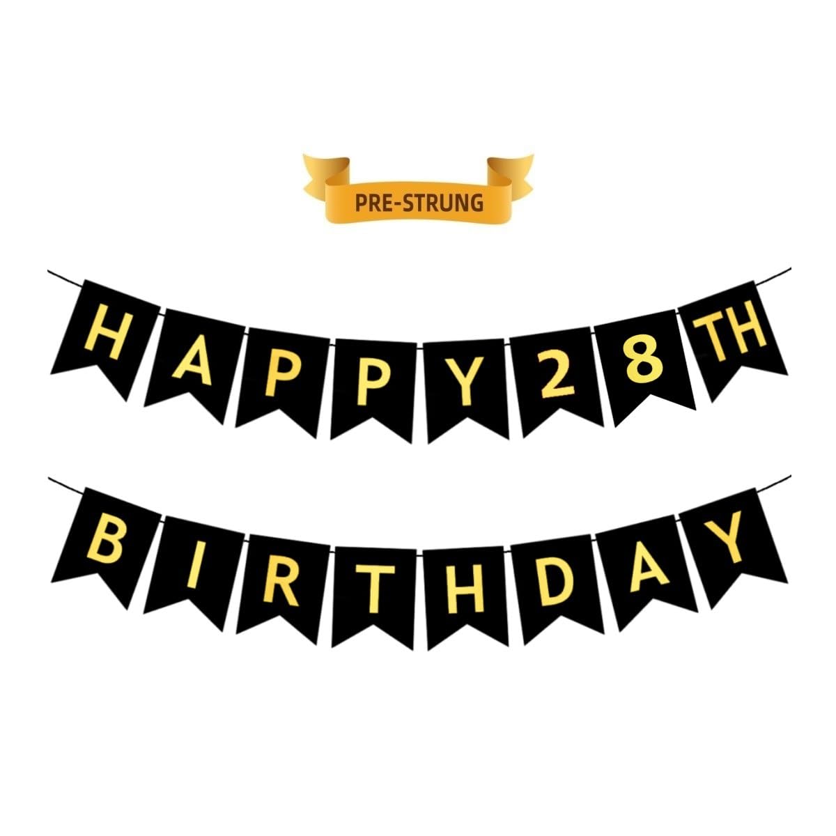 HAPPY 28TH BIRTHDAY Banner, Pre-Strung, Black Gold 28th Birth Party ...