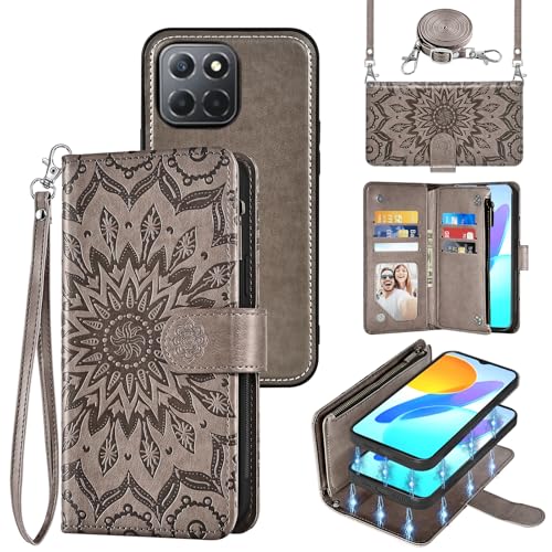 Phone Case for Honor 70 Lite/X6/Honor X8 5G [Not fit X8 4G] Zipper Wallet Magnetic Detachable Cell Cover with Screen Protector Crossbody Lanyard Strap Flip Card Holder HonorX8 5G (6.5 Inch) Gray