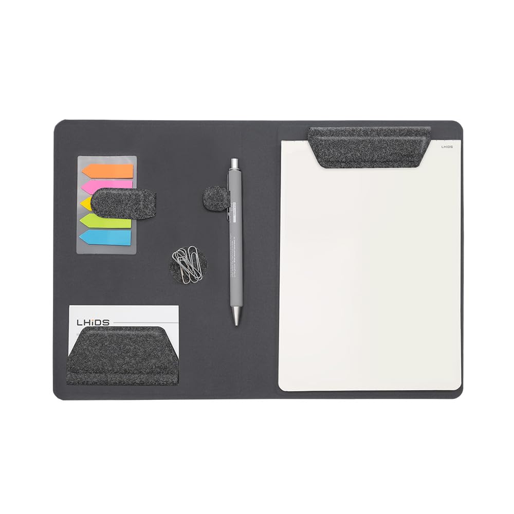 LHiDS Creative Magnetic Business Portfolio Lite Resume Padfolio Organizer with Clipboard, Paper Clip, Writing Pad, Pen/Card Holder, Magnetic Closure for Work, School and More (Black, A5)