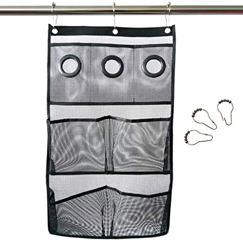 HuiDao Bath Hanging Caddy Shower Hanging Organizer 7 Quick Dry Mesh Pockets Storage Bag with 3 Ring Hooks for Hanging On Bathroom Curtain Rod, 27.5x15.7 Inch (Black) - Thumbnail 4
