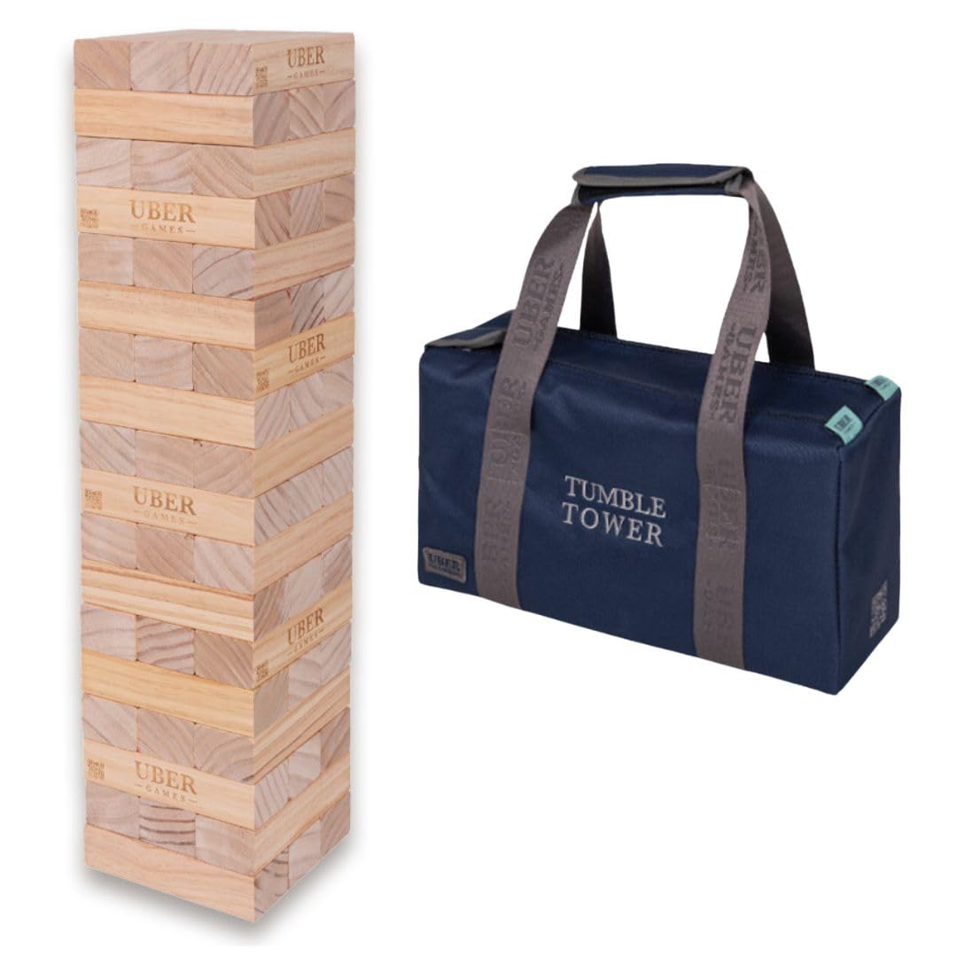 Uber Games Giant Wobble Tower up to 120+ cm XXL Jumbo Hi-Tower in Bag - 1.2 m (Max in Game. Solid Pine Wooden Tower Game - Extra Luxury Blocks and Bag (up to 120+ cm)
