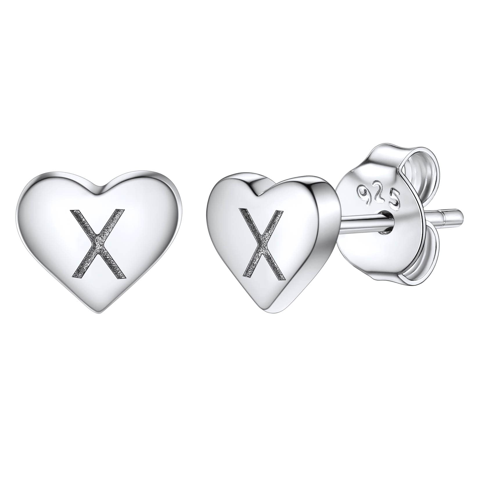 Studs Earrings for Women, S925 Sterling Silver Heart Initial Letter X Small Tiny Earrings for Girls Ladies Mum Daughter Sisters Friends Lover Hypoallergenic Silver Jewellery with Gift Box