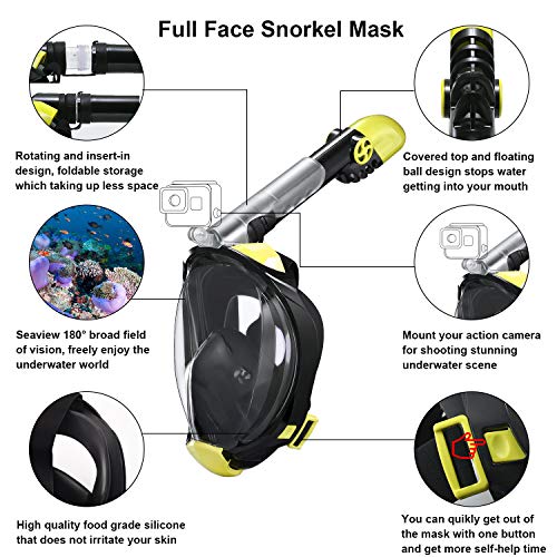 Full Face Snorkel Mask, 2019 Upgraded Snorkeling Mask with Newest Breathing and Dry Top System, Foldable 180 Degree View Dive Mask with Camera Mount and Earplug, Anti-Leak Anti-Fog for Adult Kids