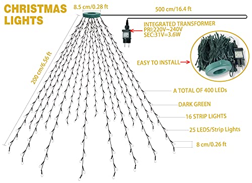 Kedoxi Weihnachtsbeleuchtung für Christbaum, Lichterkette Weihnachtsbaum, Lichterketten Christbaumbeleuchtung mit Ring, 2m 16 Girlande 400 LEDs Baumvorhang für 150cm bis 220cm Tannenbaum Warmweiß