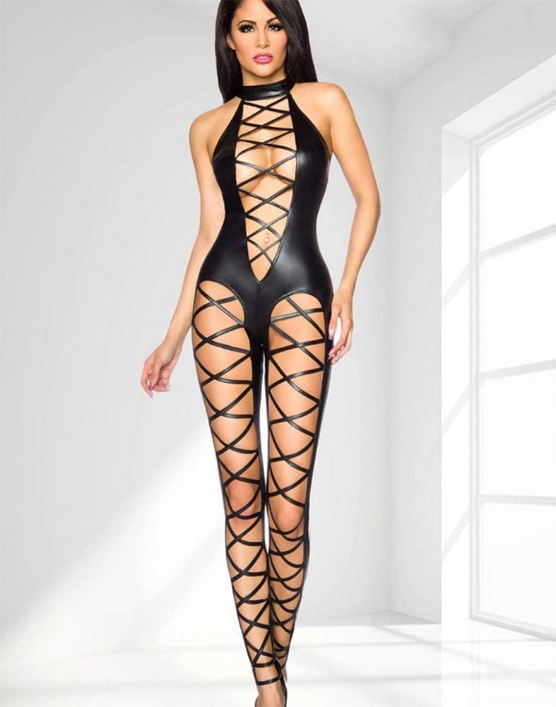 Ladies Sexy Jumpsuit, Women's Catsuit Catwoman Costume Sexy Faux Leather PVC Latex Jumpsuit Set
