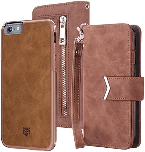 Majesticase iPhone 6s Plus Wallet Case Premium Suede Leather Wristlet &amp; Detachable Removable Magnetic Hybrid Protective Shell Cover &amp; Back Zipper + Removable Strap - Vintage Brown