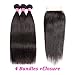 Brazilian Straight Hair With Closure 3 Bundles Unprocessed Virgin Human Hair Bundles With Lace Closure Free Part Hair Extensions Natural Color (16 18 20+14,Middle Part)