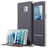 Galaxy Note 7 Case, Pandawell Slim Thin View Window PU Leather Flip Case Stand with Smart Unlock Metal Slide Touch for Samsung Galaxy Note 7 - Black