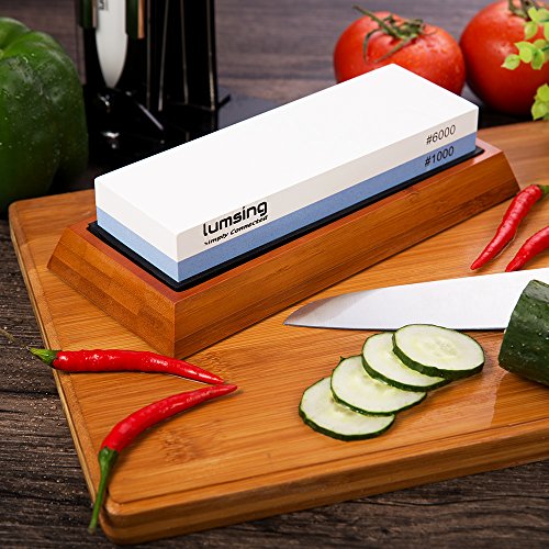 Lumsing Sharpening Stone, Knife Sharpener, Sharpener Knife Stone, Whetstone Sharpener with Non-Slip Bamboo Base & Angle Guide, 1000/6000