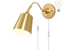 TRLIFE Wall Sconce Plug in, Dimmable Wall Sconces Adjustable Gold Wall Lights with Plug in Cord and Dimmer On/Off Knob Switch, Wall Mounted Light for Bedside Bedroom Stairway(1 Pack, Bulb Included)