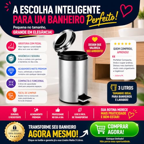 Lixeira Com Pedal E Tampa 12 Litros Aço Inox Para Cozinha E Banheiro
