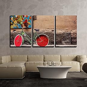 3 Piece Canvas Wall Art - Antique Bicycle with Watermelon Slice Shaped Wheels in The Street - Modern Home Art Stretched and Framed Ready to Hang - 16"x24"x3 Panels
