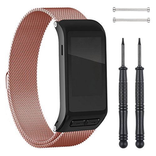 Garmin Vivoactive HR Replacement Band, Unique Magnet Lock Milanese loop Stailess Steel Watch Band + Tool for GARMIN VIVOACTIVE HR Black, White Smart Fitness Wrist Watch Strap (Rose Gold, Large)