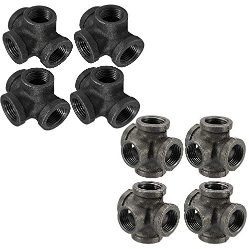 Gimiton 4 Pack 3/4" 5 Way Pipe Fitting Malleable Iron Black Outlet Cross Female Tube Connector with 4 Pack DN20 3/4 4 Way Pipe Fitting Industrial Steel Side Outlet Elbow 4-Way Fitting (DN25 1")