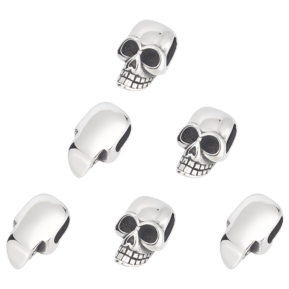 UNICRAFTALE About 6Pcs 304 Stainless Steel Skull Slider Beads Antique Silver Slide Charms Parachute Rope Skull Head Beads Retro Large Hole Metal Beads for Cord Bracelets Jewelry Making — image 1