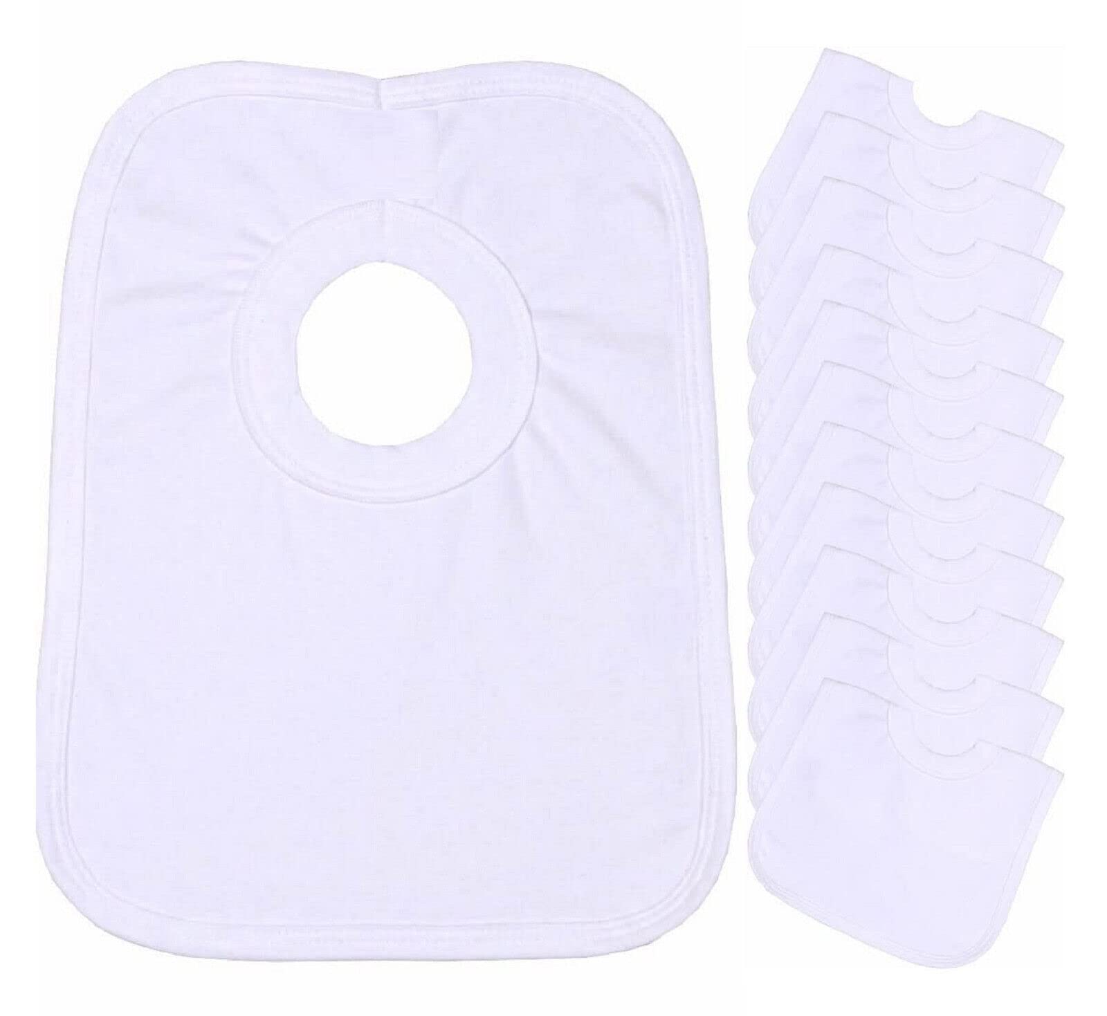 Baby 12 Pack Bibs 100% Cotton White Popover The Head One Size Large Bib