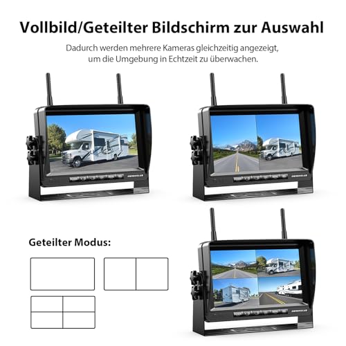 Digital Reversing Camera Wireless Set, 7 Inch HD LCD Monitor + Dual Cameras, IP69K Waterproof Reversing Camera, Radio, Night Vision, Wireless Parking Aid, Loop Recording, for Trucks, Caravans, Trailers