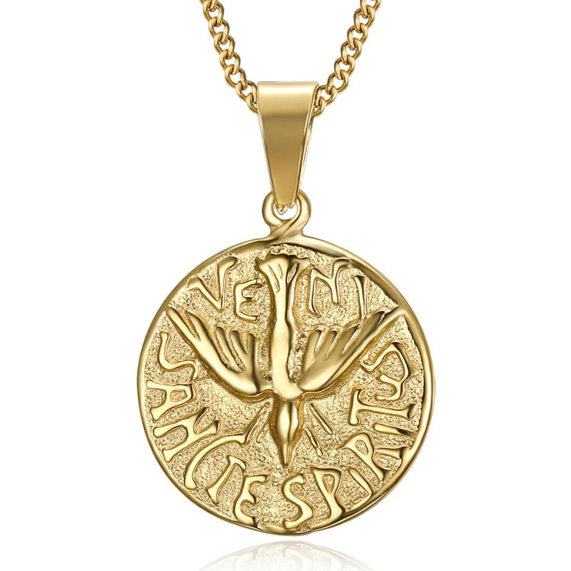 BOBIJOO JEWELRY - Pendant Necklace Medal Veni Sancte Spiritus Holy Spirit, Steel Gilded Gold Plated Chain