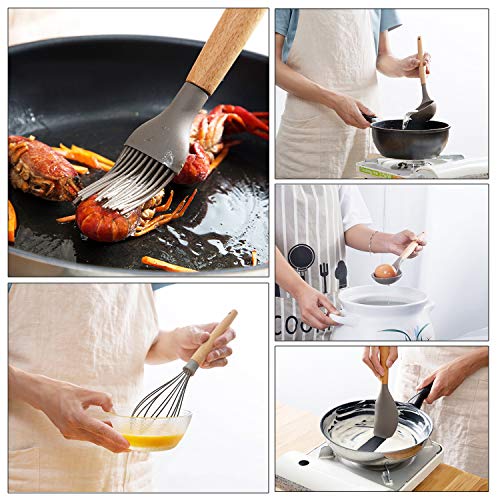 K Kwokker 9 Pieces Silicone Kitchen Cooking Utensils Set,Wooden Handle Cooking Kitchen Accessories Tool Set,Heat-resistant Soup Ladle Spoon Slotted Shovel Turner Spatula Egg Whisk Kitchen Tool
