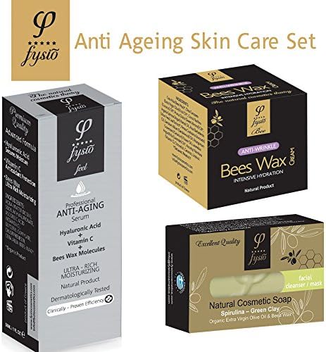 Anti Ageing Skin Care Set - Daily Facial Care With Hyaluronic Acid Serum - Anti Wrinkle Cream & Cleanser / Mask Olive Oil Soap.