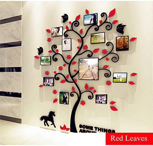 Fabric Home DIY 3D Wall Stickers Creative Family Life Tree Photo Frames Crystal Acrylic Decals Art Mural for Living Room Bedroom Sticker Home Decor, Red (Size L)