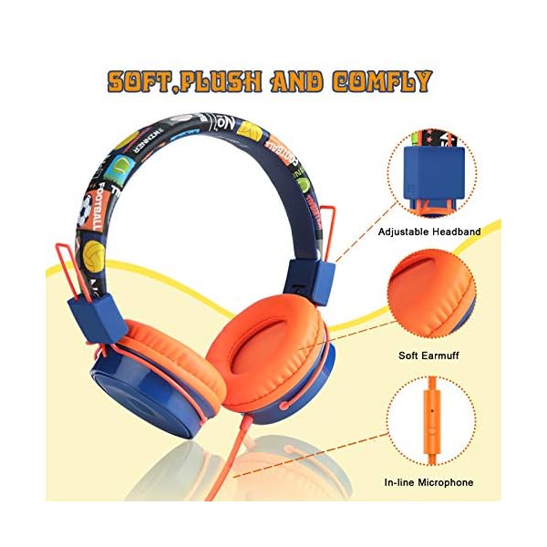 Baseman-Kids-Headphones-with-Microphone-Wired-On-Ear-Headsets-with-Safe-Volume-Limited-85-dB-Foldable-and-Adjustable-Headphones-with-a-35mm-Jack-Cord-for-ChildrenSchoolCellphoneTablet-Orange BASEMAN Kids Headphones with Microphone, Cute Football Design Wired On-Ear Children Headphones with Volume Limit…