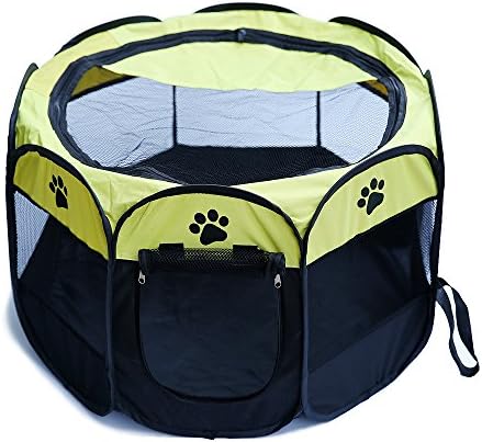 HENREK Pet Dog Cat Playpen Cage Crate - Portable Folding Exercise Kennel - Indoor & Outdoor Use (L(35"Dia x 24"H), Yellow)