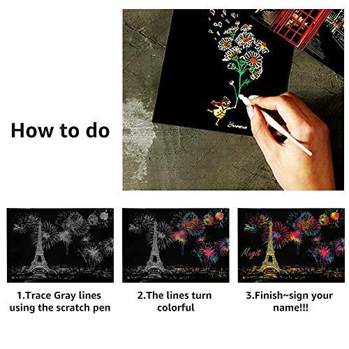 Scratch Art Paper, Rainbow Night View Scratchboard Pads for Adults and Kids, Mini Envelope Postcard Art & Crafts Set: 12 Sheets Scratch Cards & Scratch Drawing Pen, Clean Brush 7.9"x5.5" (City Living)